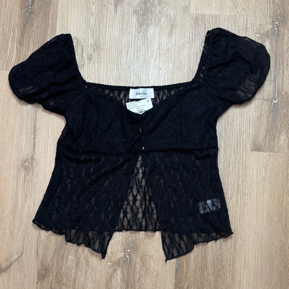 Bacio Bäcio Womens Black Lace Puff Sleeve Flyaway Crop Top Medium